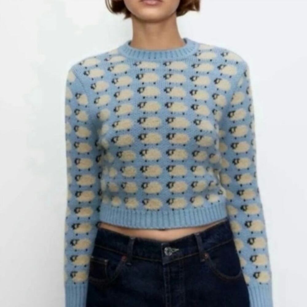 Zara Whimsical Kitsch Sheep Sweater Blue Cropped Womens Size Small